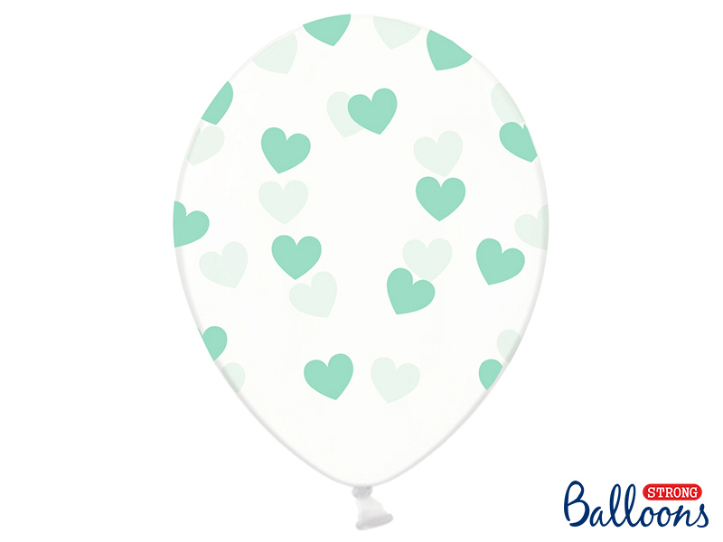 Balão branco com corações verdes e azul claro e logo STRONG Balloons