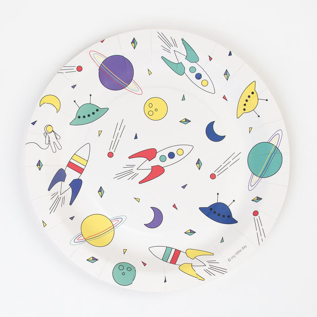 Prato de papel com design espacial colorido