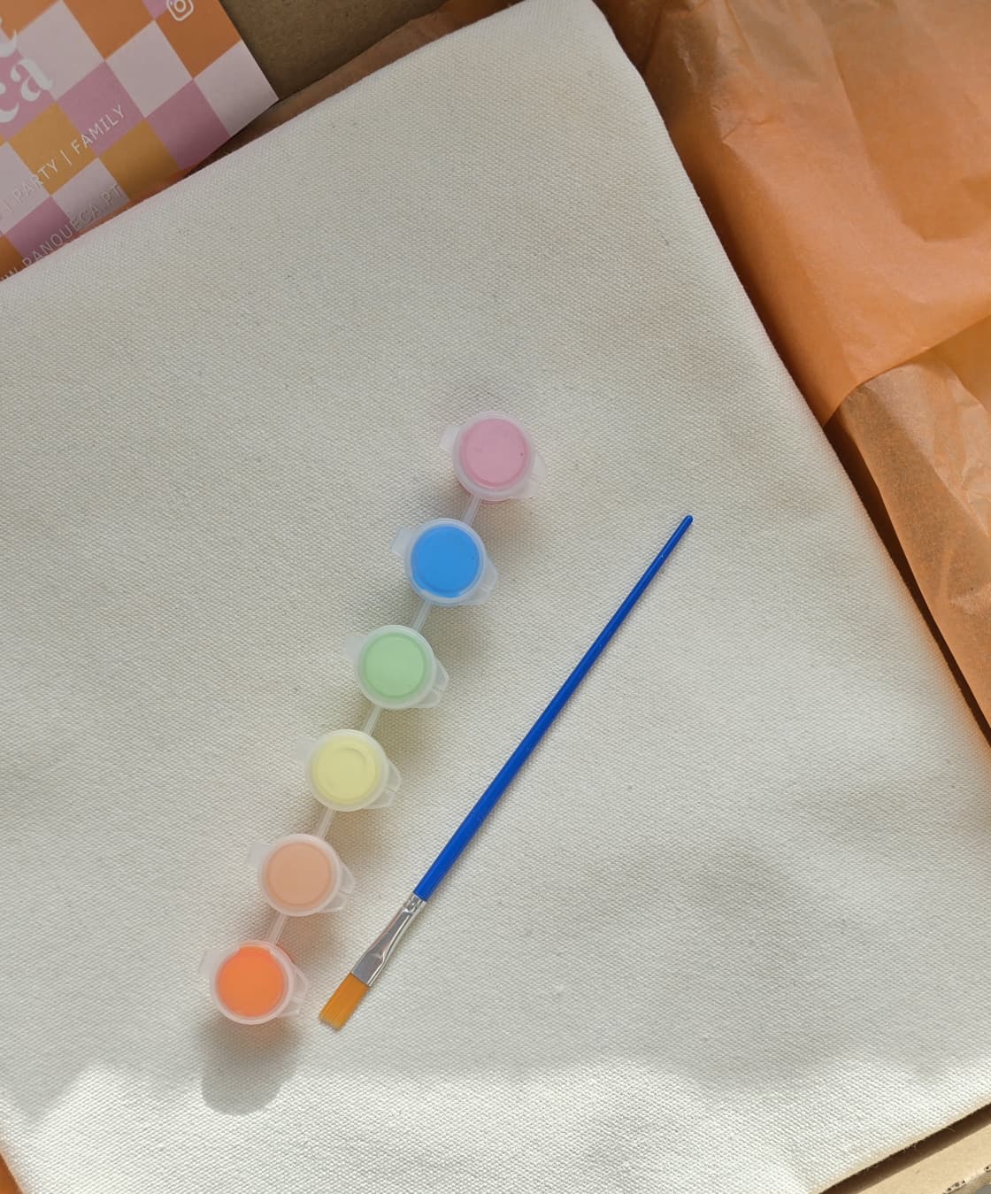 Conjunto para pintura com pincel, tinta colorida e tela branca