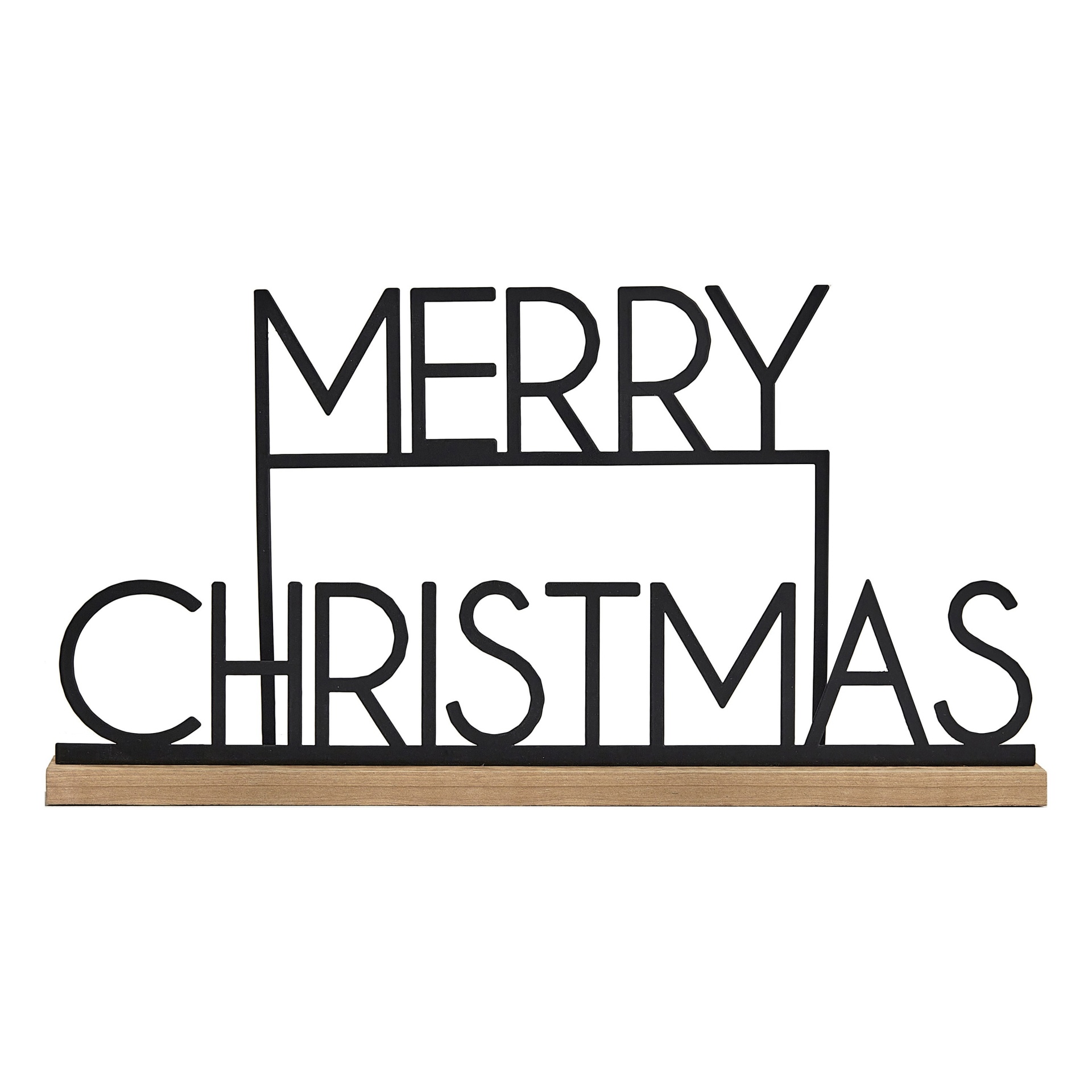 Decoração em metal preto com texto MERRY CHRISTMAS em base de madeira