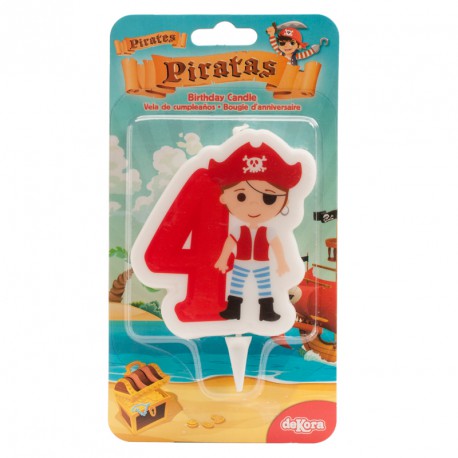 Vela de aniversário número 4 com figura de pirata em embalagem colorida temática pirata