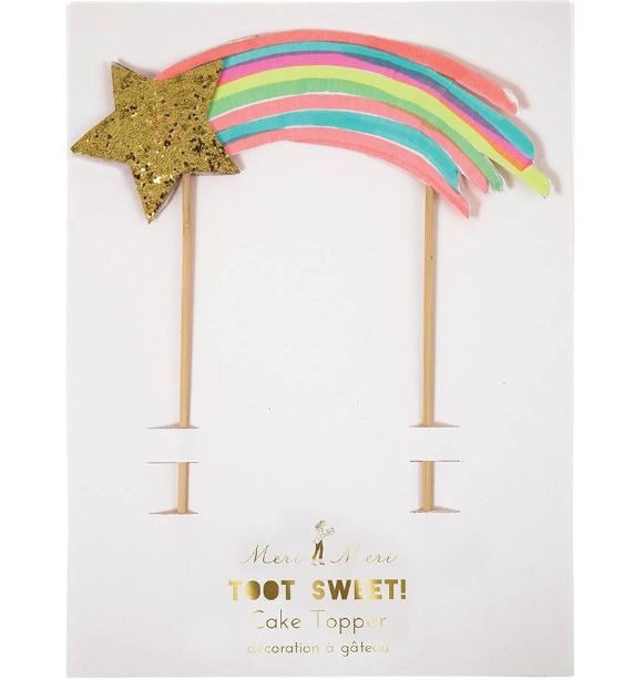 Toppers de bolo estrela dourada com cauda colorida e texto dourado no cartão