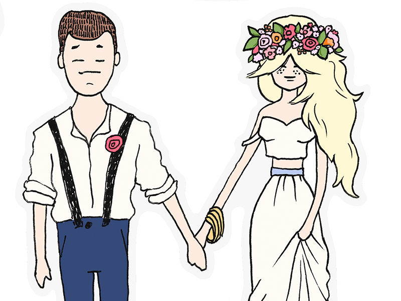 Desenho de casal de mão dada, homem e mulher em roupa formal