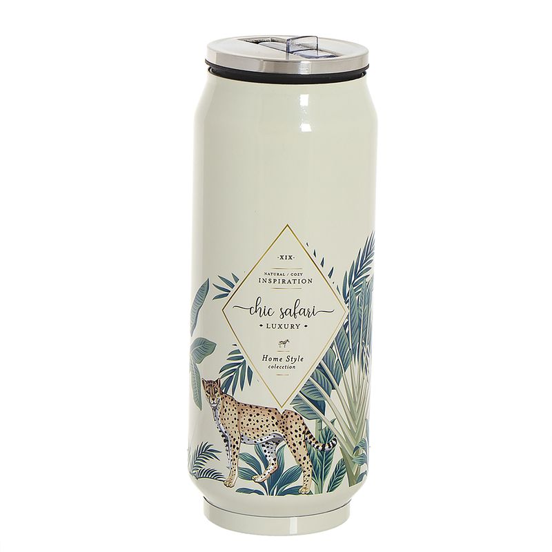 Garrafa metálica decorada com folhas verdes e guepardo, texto 'THE SPECIAL DAY INSPIRATION the safari LUXURY'.
