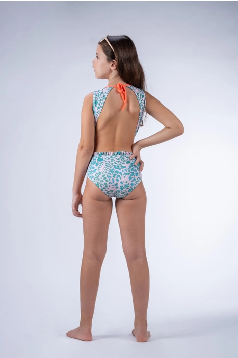 Fato de banho infantil padrão animal verde e branco costas abertas