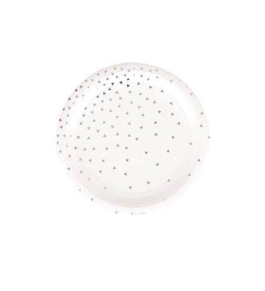 Prato redondo branco com triângulos pretos dispersos