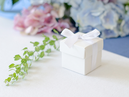 Caixa de presente branca com laço sobre superfície branca e ramos de flores ao fundo
