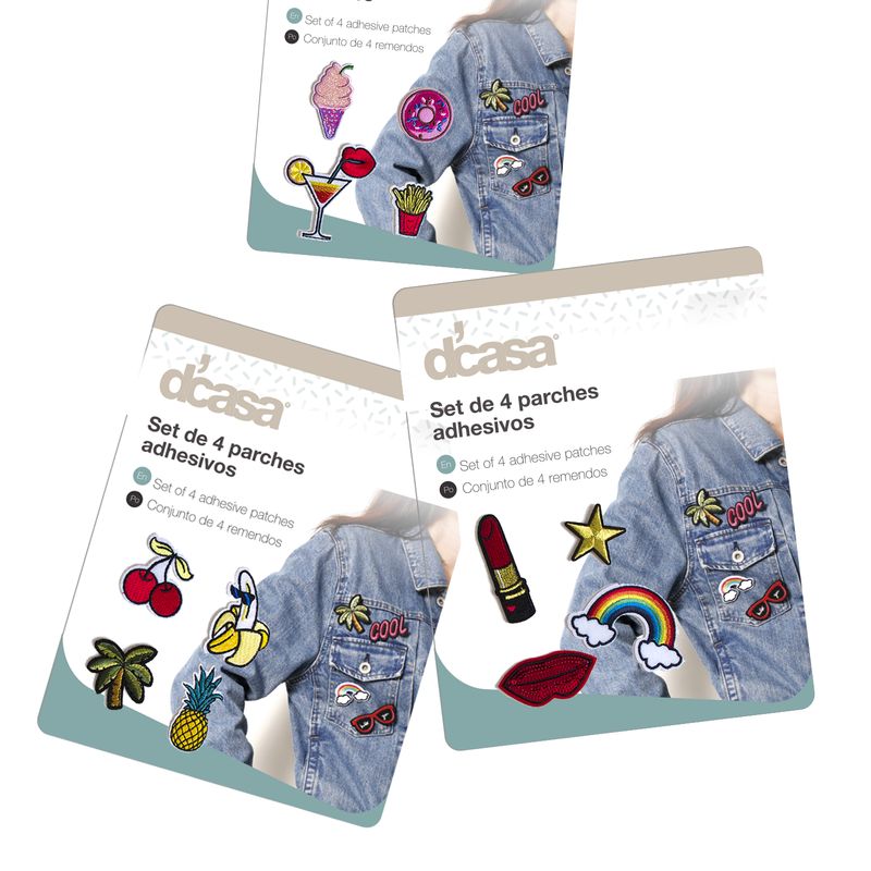 Conjuntos de 4 parches adesivos coloridos dcasa com formas diversas em embalagens com imagem de jaqueta jeans