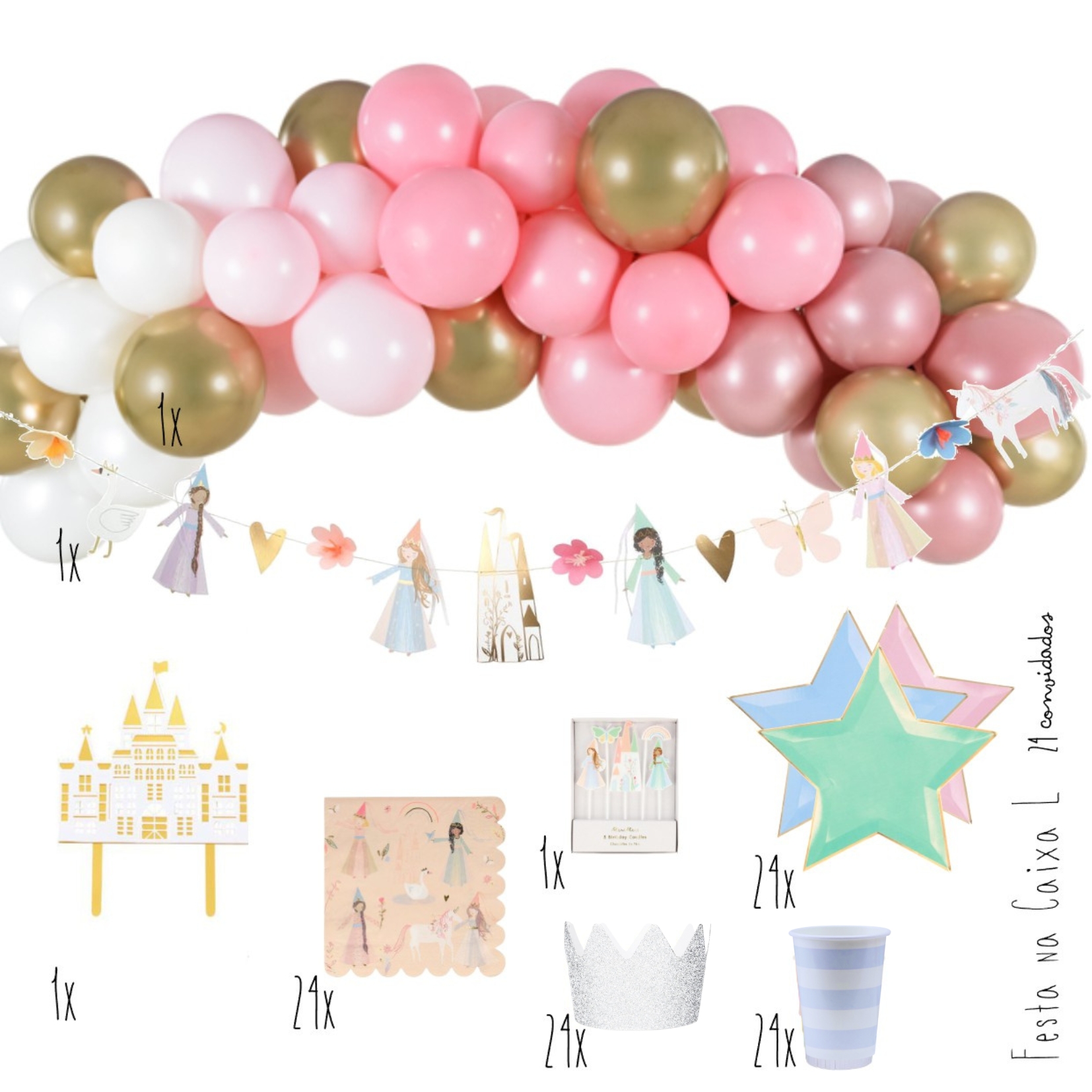 Conjunto de decoração para festa com balões, faixa de fadas, bolo, guardanapos, velas, pratos, coroas e copos.