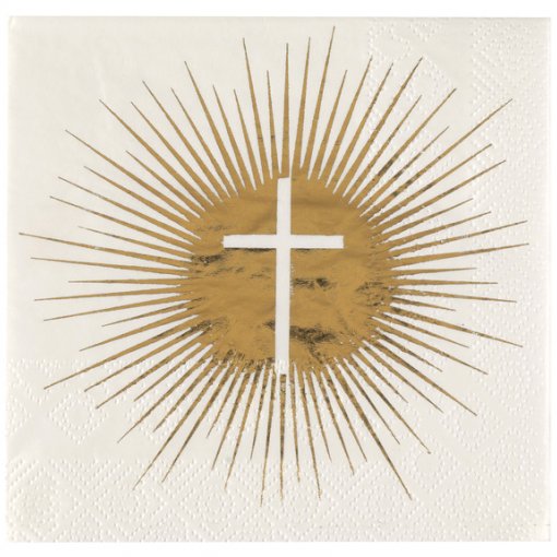 Guardanapo branco com padrão dourado de cruz e raios