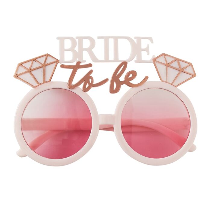 Óculos divertidos com lentes rosas e decoração BRIDE to be com anéis