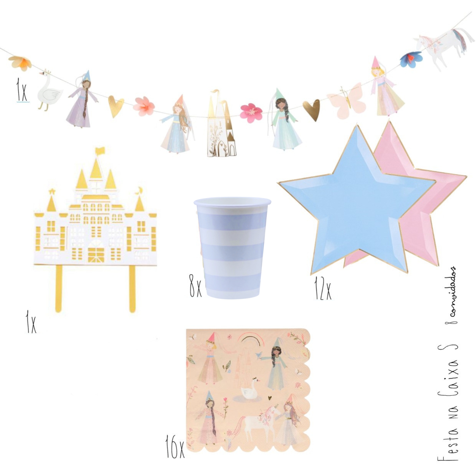 Conjunto festa infantil com guirlanda de fadas, topper castelo dourado, copos às riscas azuis, pratos estrela azul e rosa, guardanapos estampados.