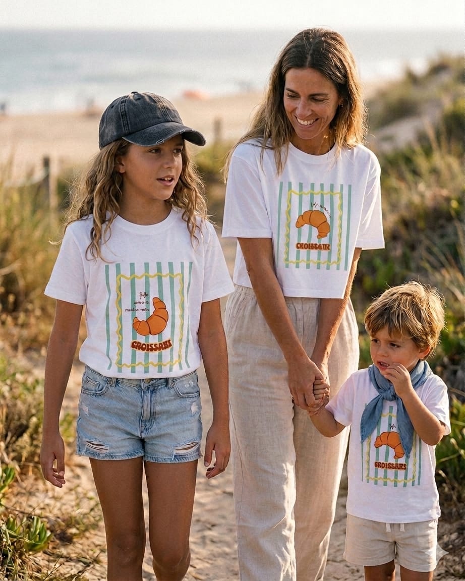 Família com t-shirts brancas com estampa de croissant numa praia.
