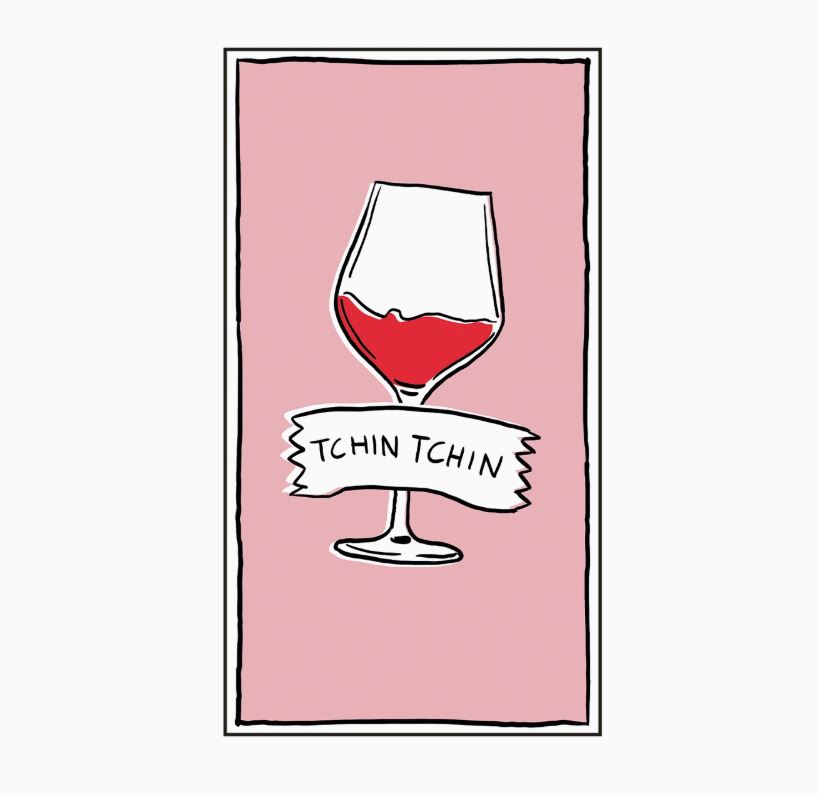 Desenho de copo de vinho com vinho tinto e texto TCHIN TCHIN