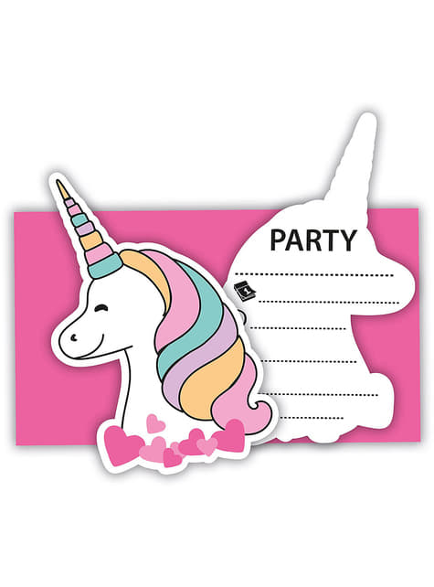 Convite de festa em cartão formato de unicórnio colorido com texto PARTY