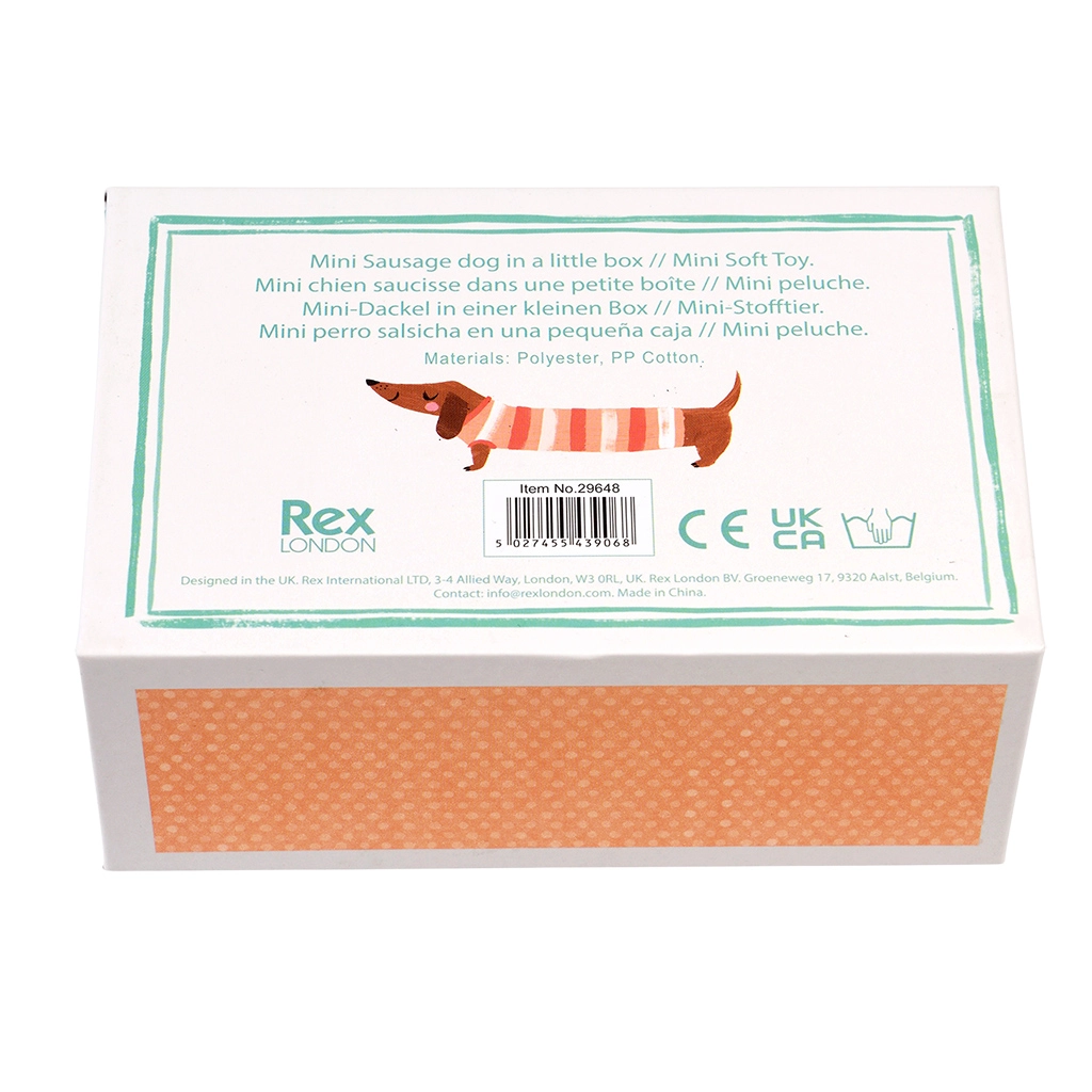 Caixa de brinquedo mini cão salsicha laranja com texto e código de barras