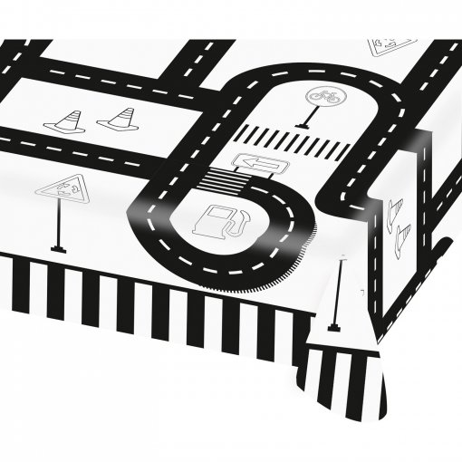 toalha de mesa com padrão de estradas e sinais de trânsito em preto e branco