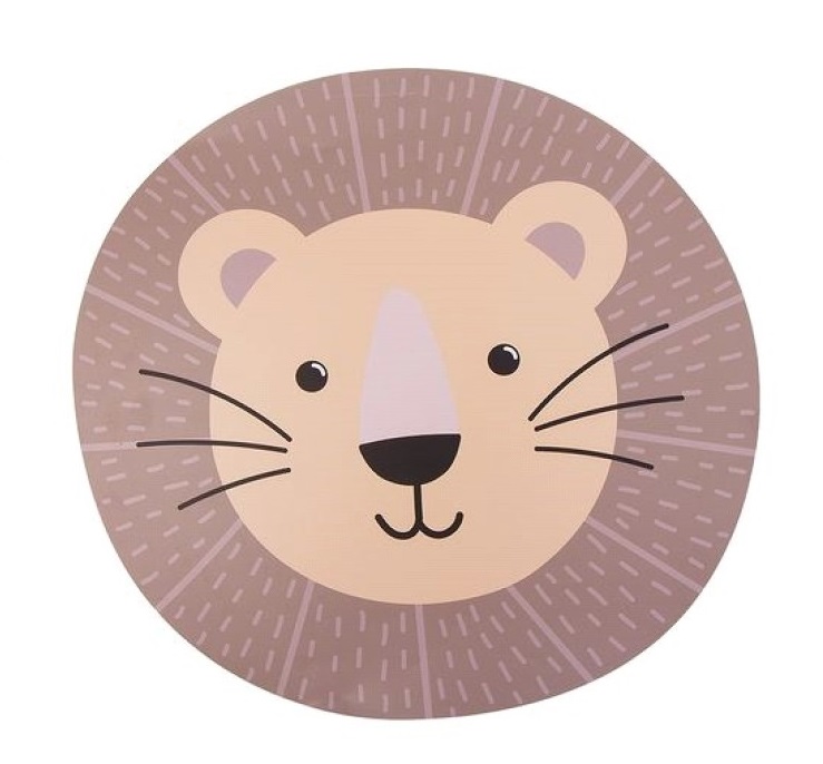 Desenho redondo do rosto de um leão em tons de castanho e bege