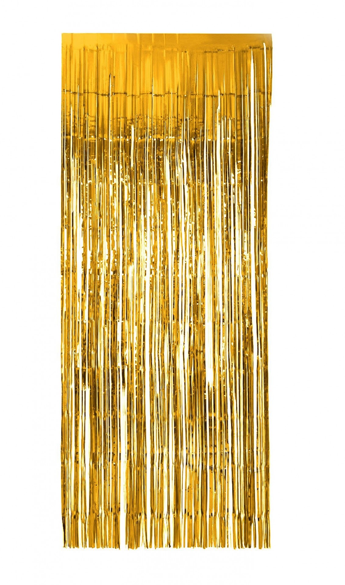 Cortina decorativa de tiras metálicas douradas e brilhantes