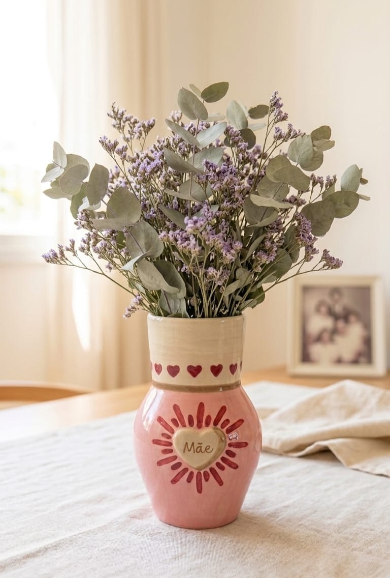 Jarro de cerâmica rosa com flores secas lilases num ambiente interior