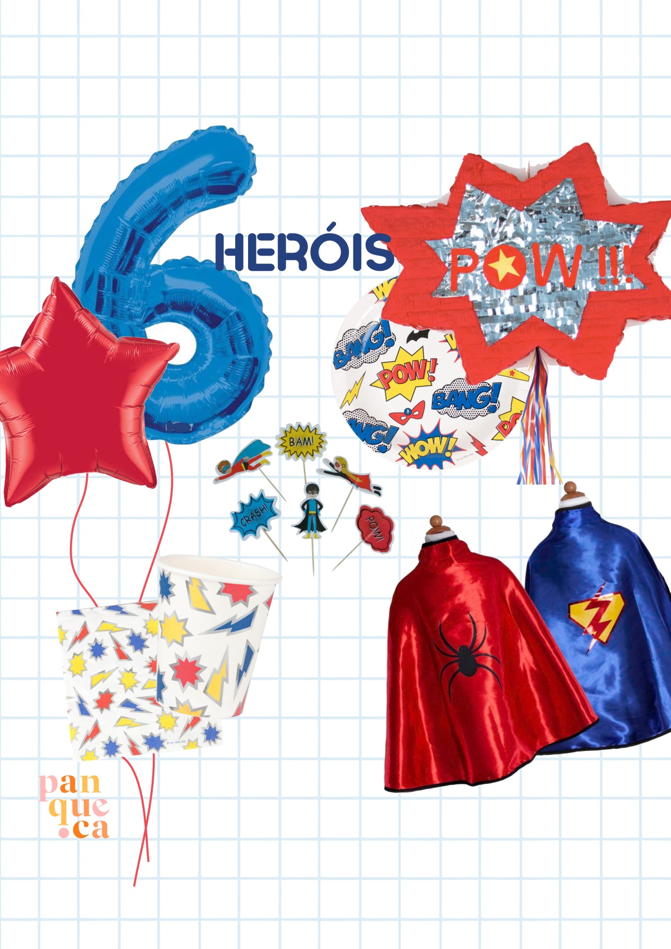 Decoração de festa com balões, capas e elementos de super-heróis