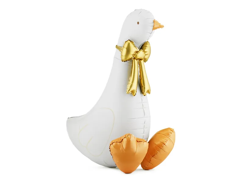 Balão metálico gigante em forma de pato branco com bico, pés e laço dourados