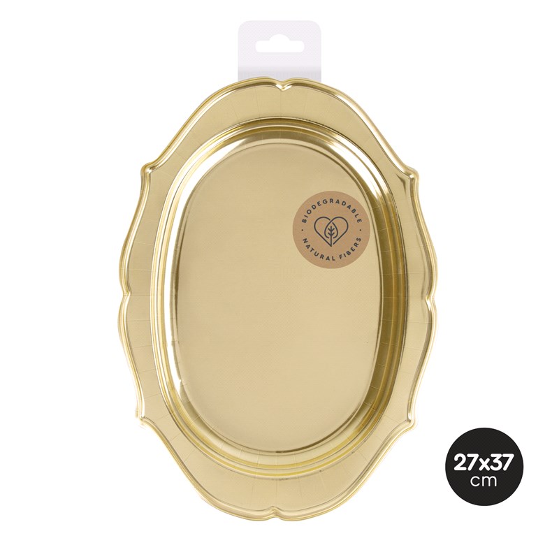 Tabuleiro oval dourado biodegradável 27x37 cm