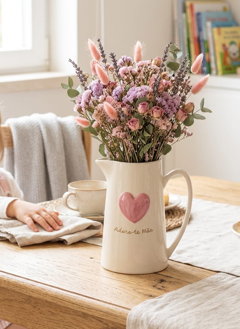 Jarro branco com coração rosa e flores secas em mesa de madeira