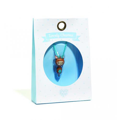 Colar com pendente de cristal azul e figura de coruja castanha e azul na embalagem Lovely Charms