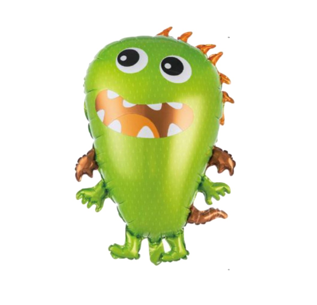 Balão metálico verde com desenho de monstro cartoon