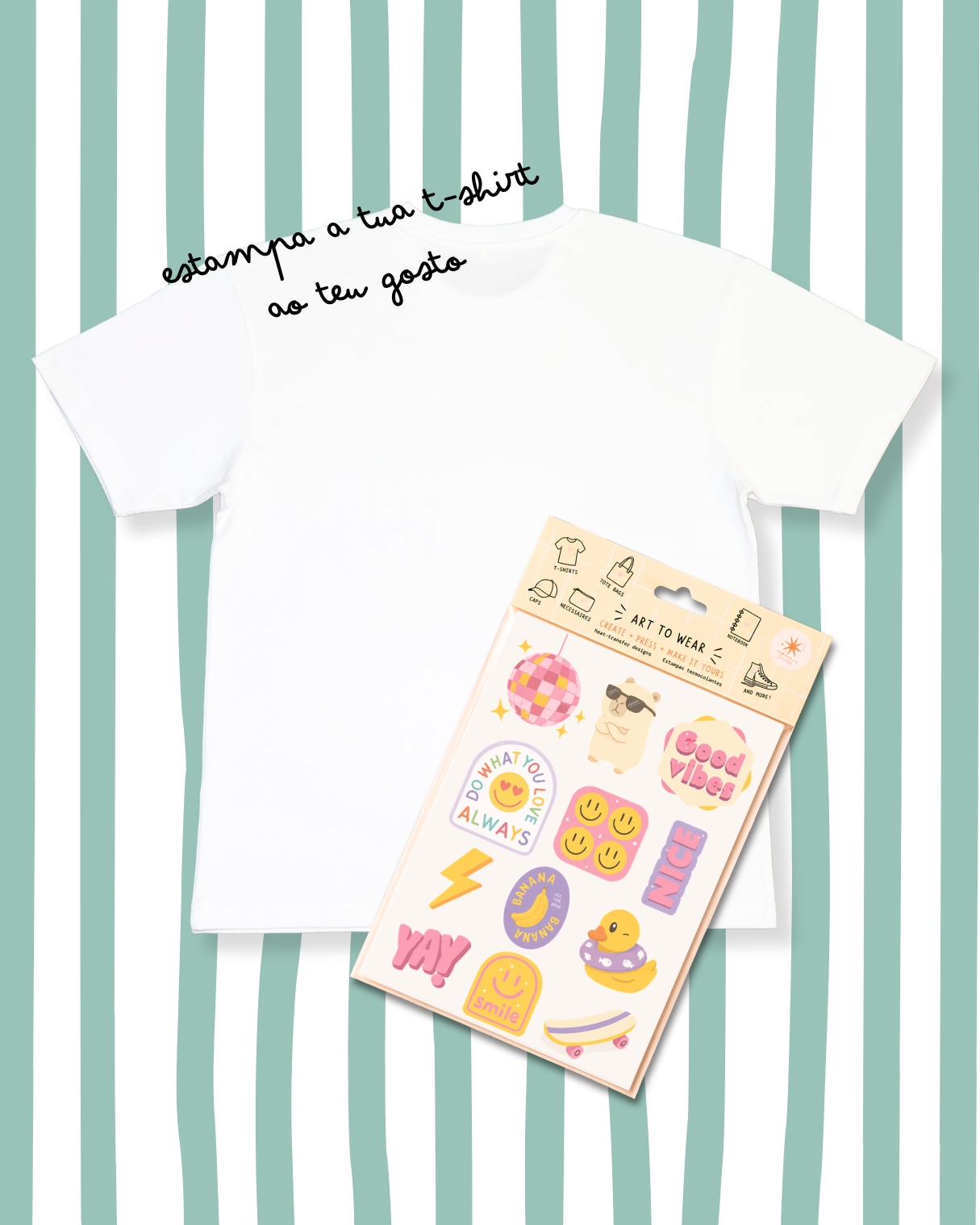 T-shirt branca com decalques coloridos para personalizar
