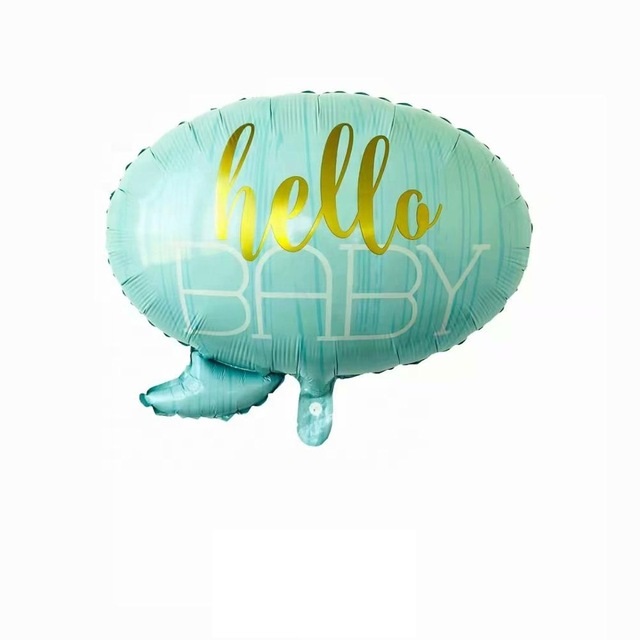 Balão azul claro oval com texto 'hello BABY' em dourado e branco