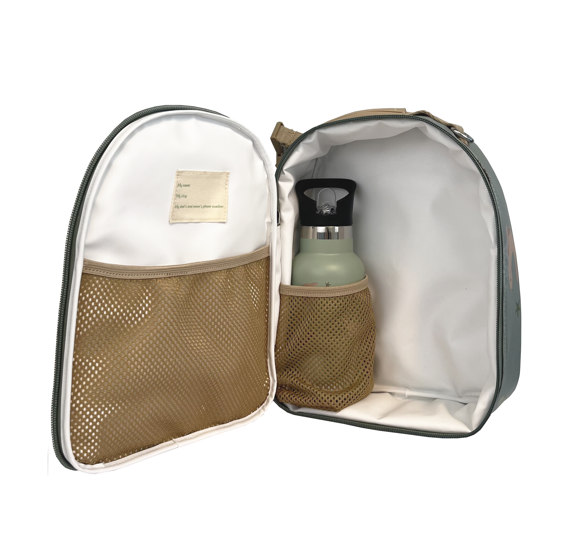 Bolso interior bege com rede e garrafa verde dentro