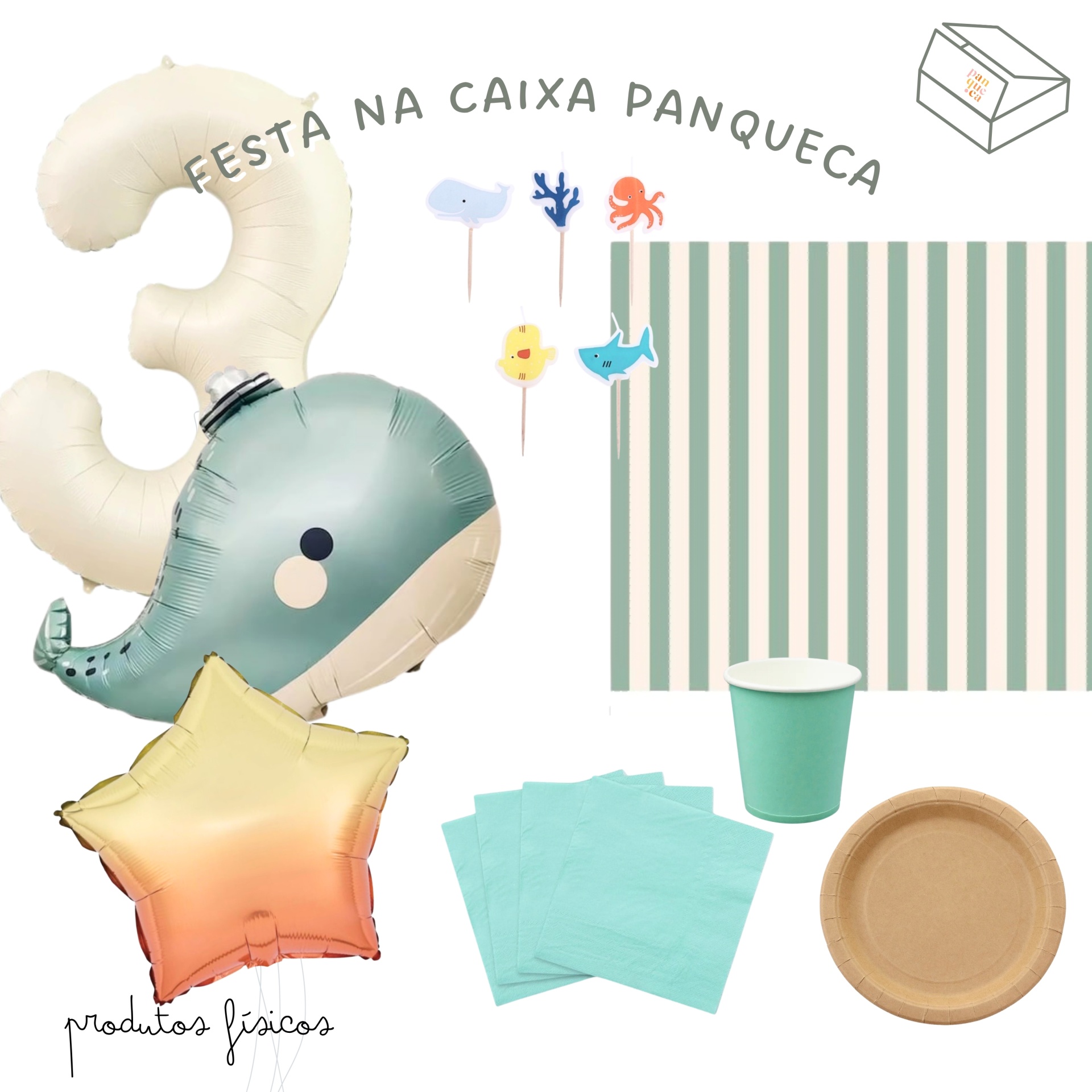 Artigos de festa com balões, guardanapos, copos, pratos e decoração com tema marinho.