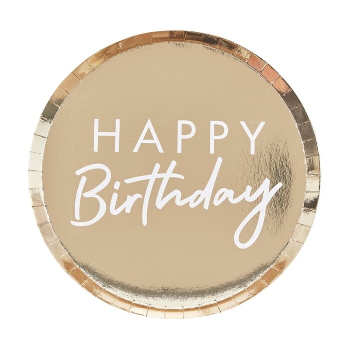 Prato redondo dourado com texto branco 'HAPPY Birthday'