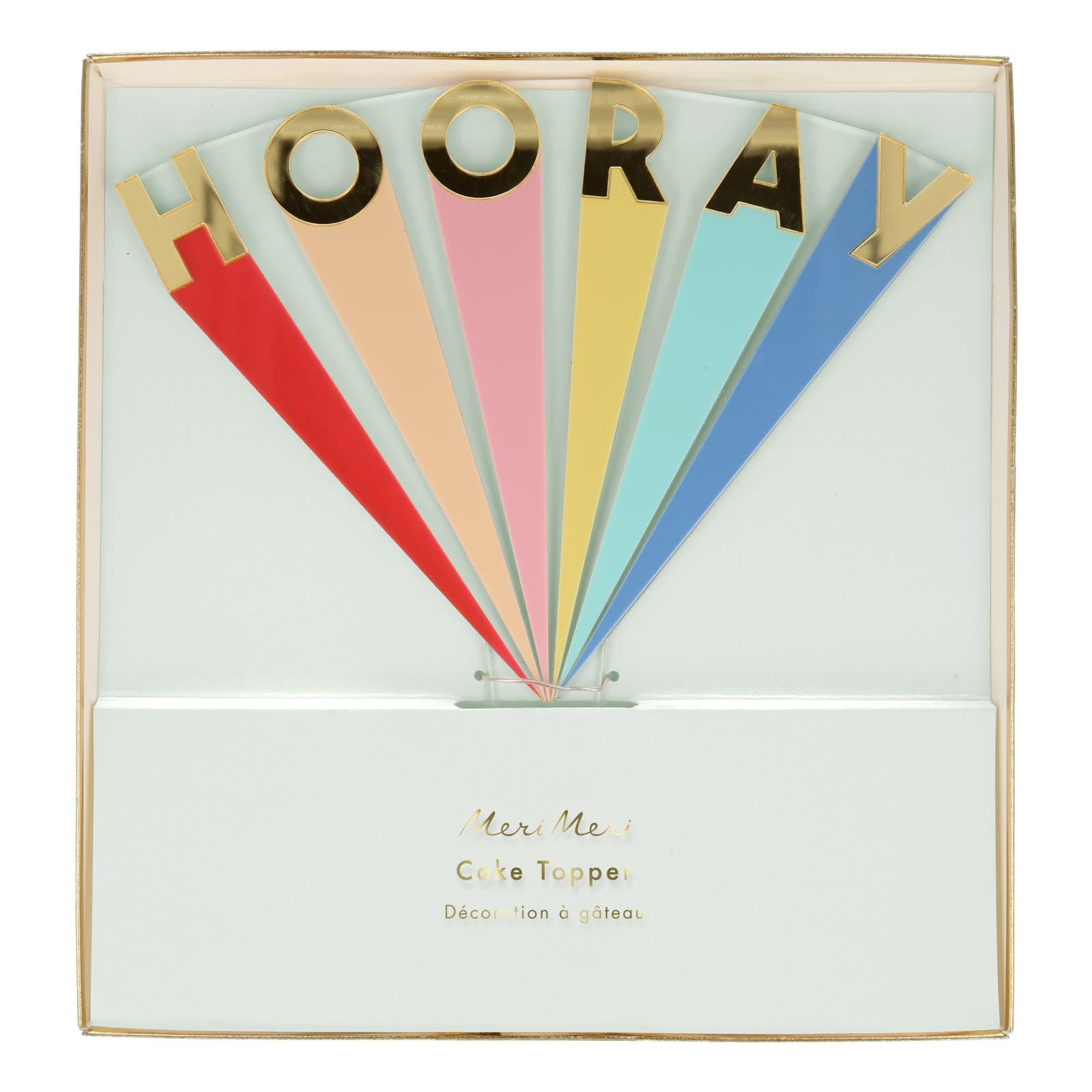 Topper de bolo com letras HOORAY coloridas e douradas em embalagem de cartão