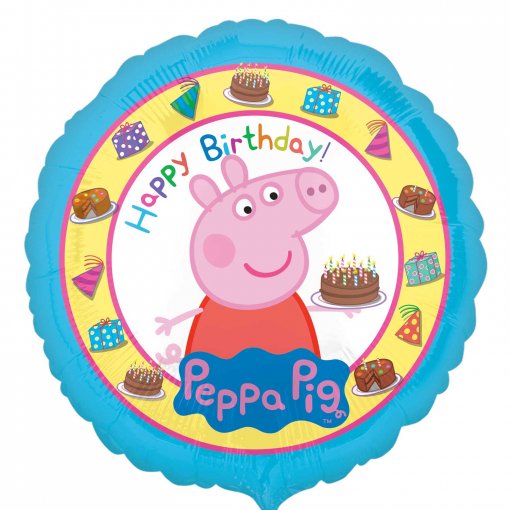 Balão redondo azul e amarelo com Peppa Pig e texto de aniversário