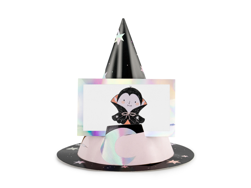 Chapéu de festa preto com estrelas e etiqueta de vampiro