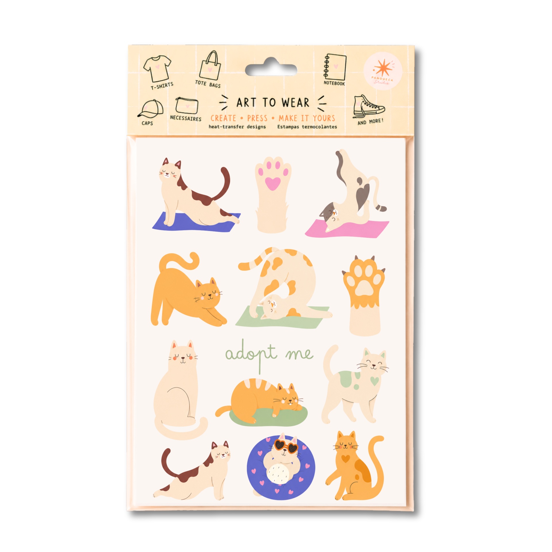 Estampas termocolantes de gatos em várias posições com texto adopt me
