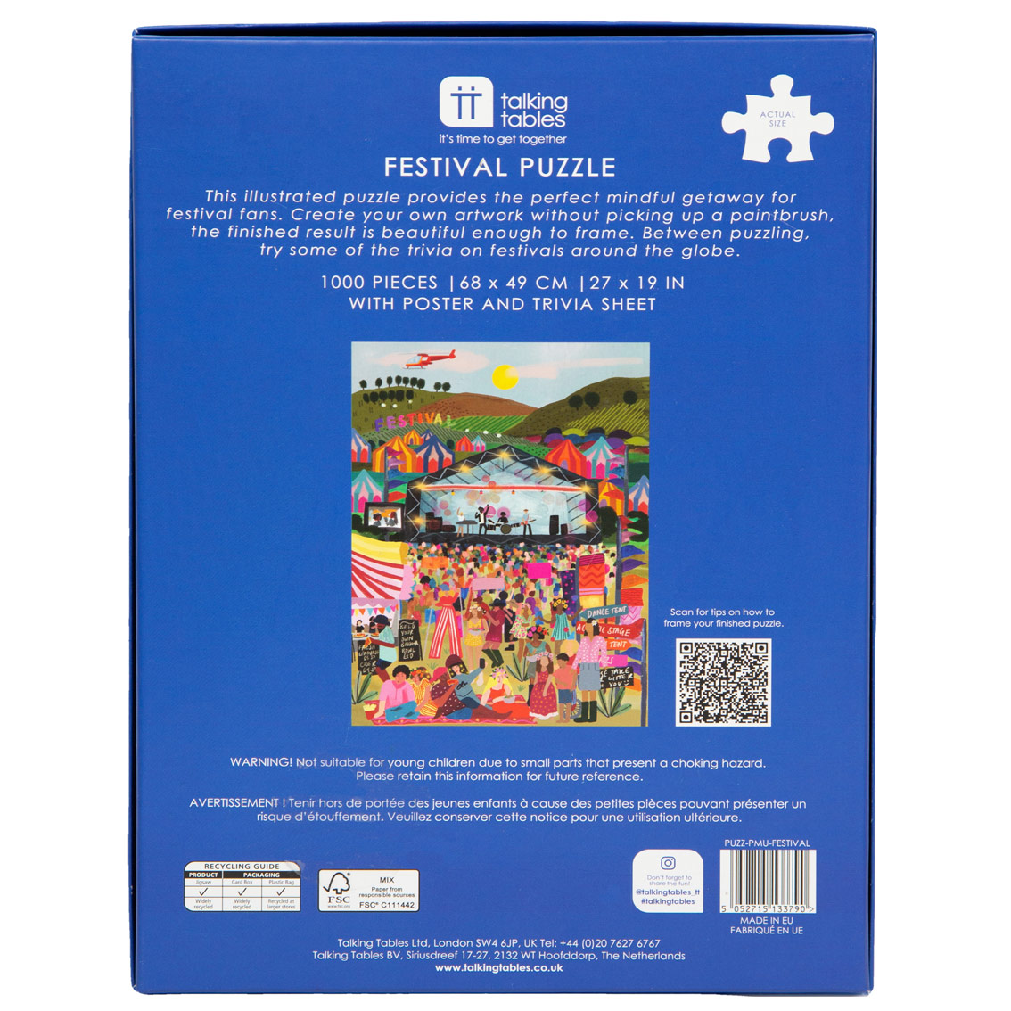 Caixa azul de puzzle FESTIVAL PUZZLE com imagem de festival e texto informativo