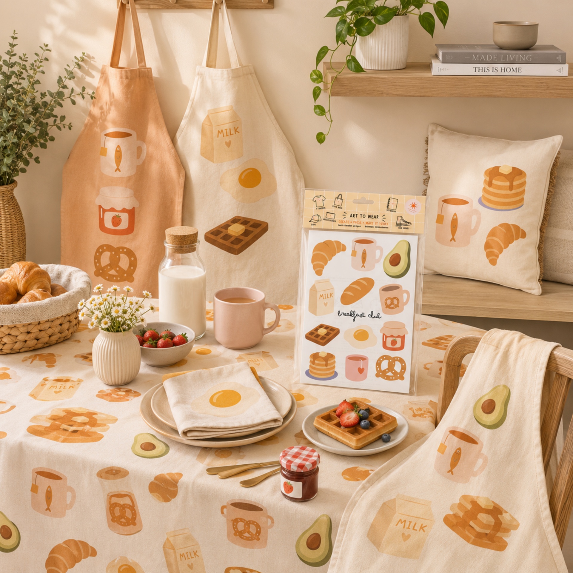 Produtos têxteis para cozinha com estampados de pequeno-almoço, aventais, almofada, guardanapo e toalha de mesa em ambiente decorativo