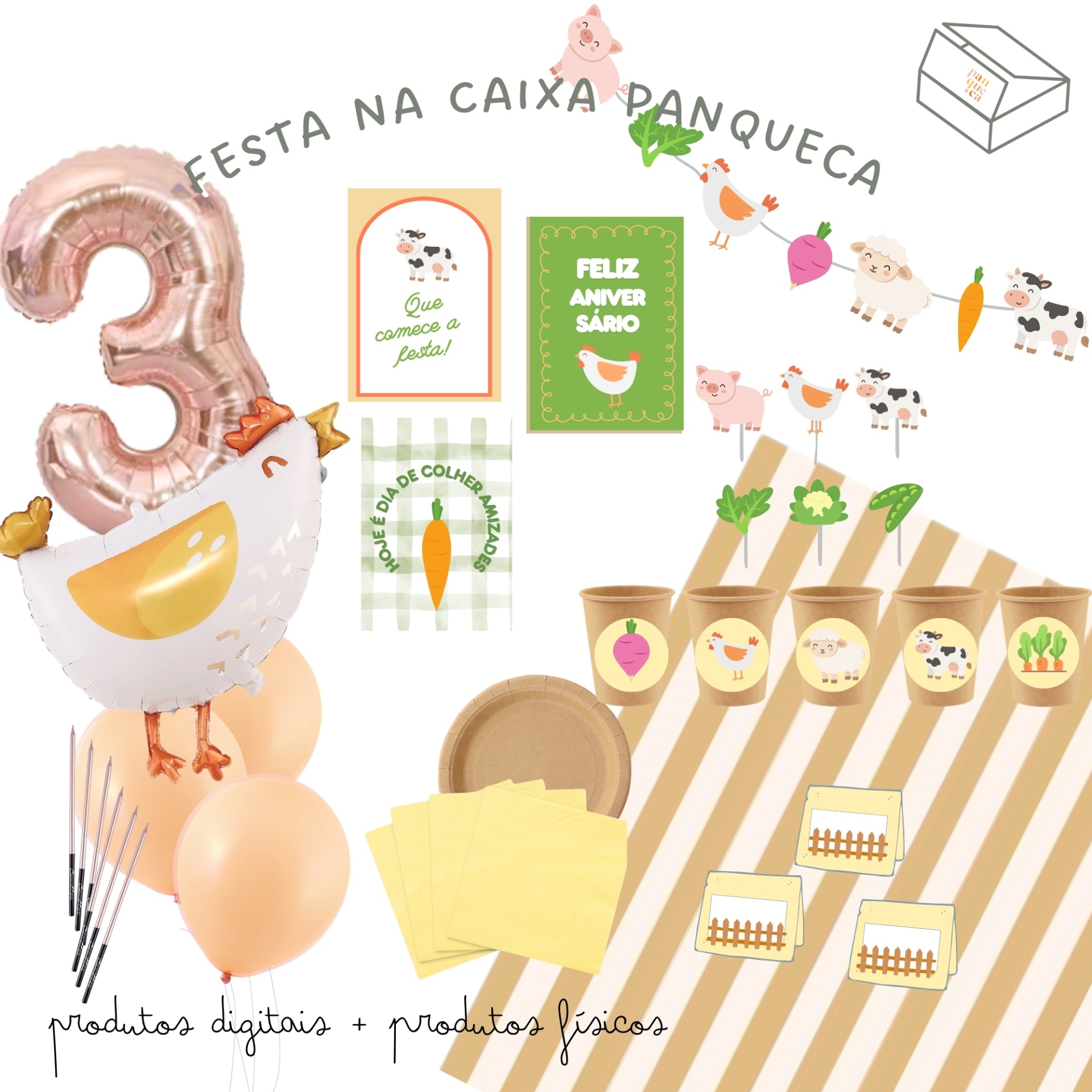 Conjunto de festa com balão número 3, decoração temática de fazenda, pratos e guardanapos em tons castanhos e bege