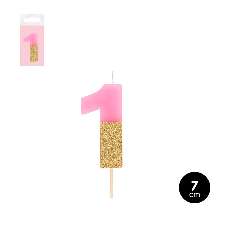 Vela de aniversário em forma de número 1 rosa e dourado brilhante com palito de madeira