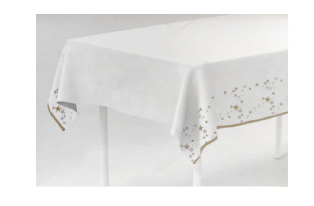 Toalha de mesa branca com estrelas douradas na borda