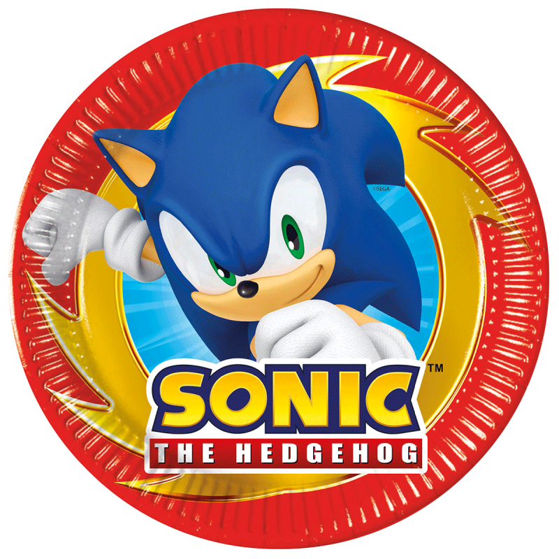 Prato de papel vermelho com imagem de Sonic the Hedgehog, texto SONIC THE HEDGEHOG