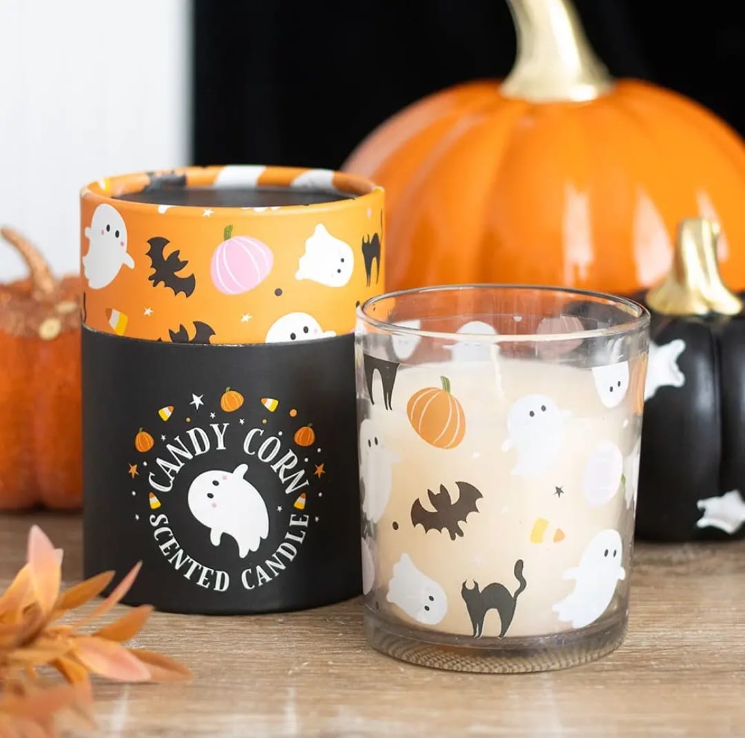 Vela aromática de Halloween com fantasmas e abóboras em vidro e embalagem decorativa