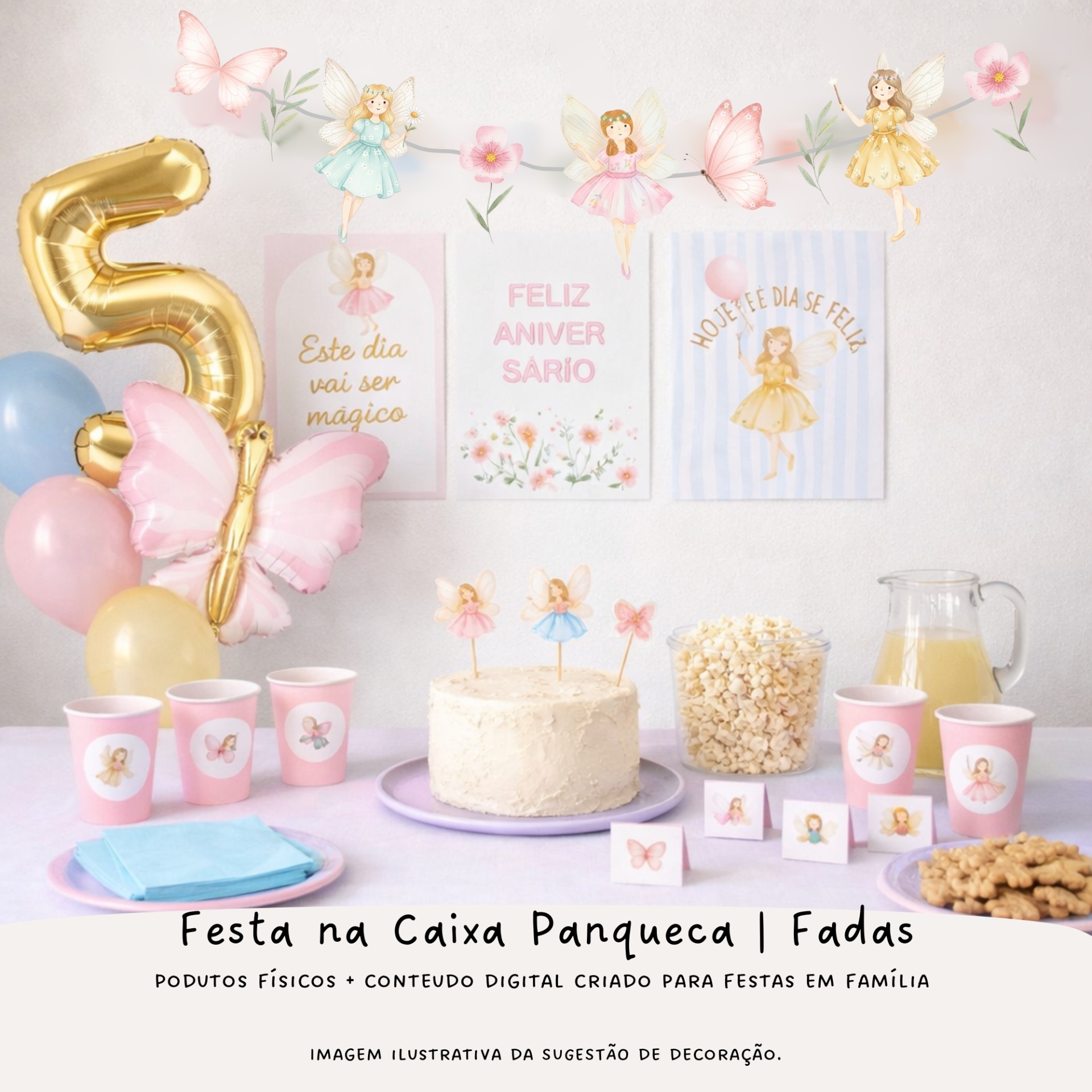 Decoração de festa infantil com tema de fadas e balões coloridos