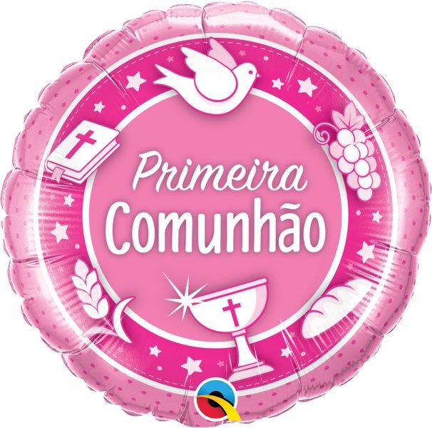 Balão cor-de-rosa decorado com símbolos religiosos e texto 'Primeira Comunhão'