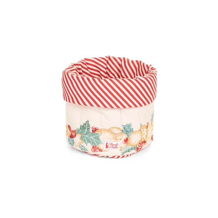 Pano decorativo de cozinha com padrão vermelho e branco às riscas e motivo de bolachas e folhas de azevinho