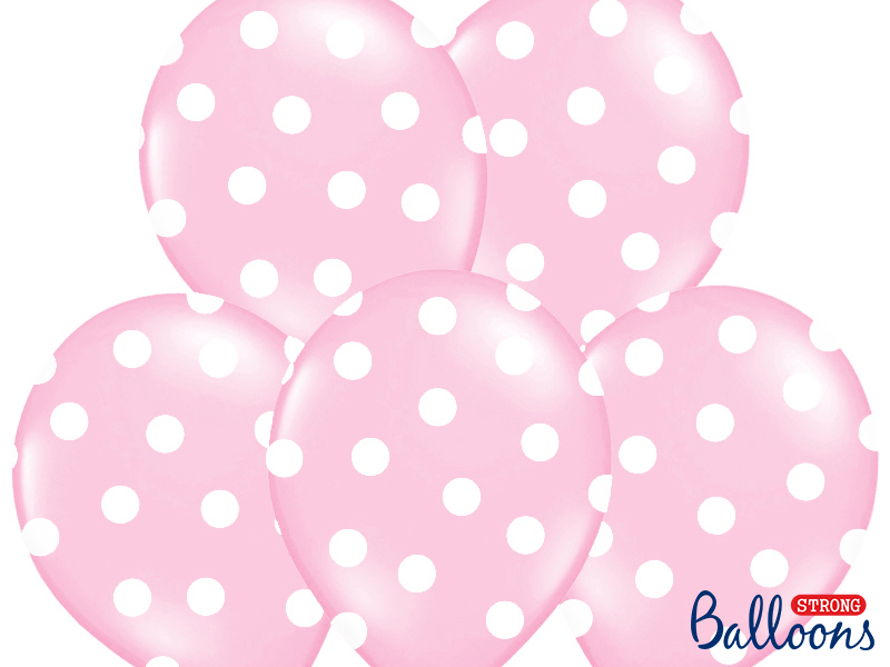 Cinco balões rose com bolinhas brancas e logotipo Strong Balloons